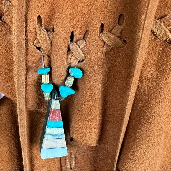 Vintage Rust Suede Fringe Poncho Top with Beaded Detail - Picture 4 of 5